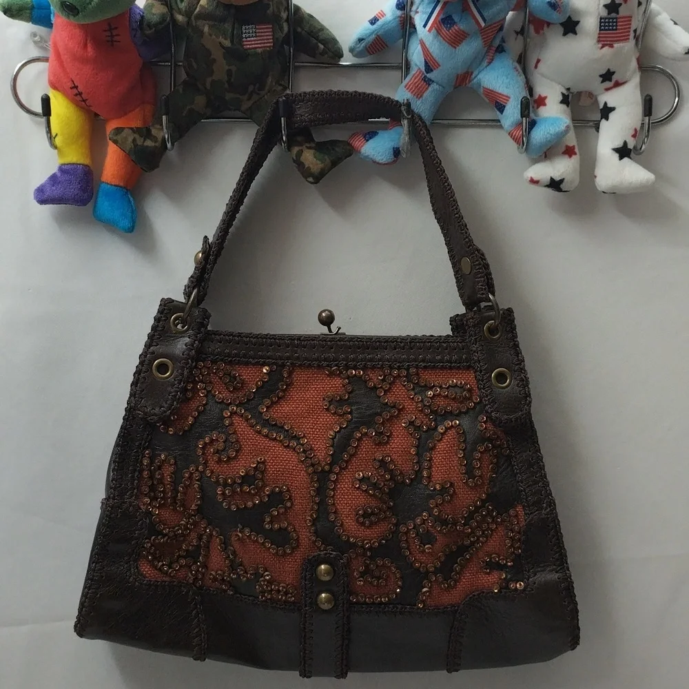 DAMGAGED - Isabella Fiore Dark Brown Copper Leather Bead Beaded Shoulder Bag